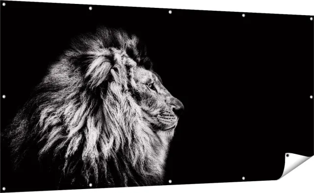 Gards Tuinposter Leeuw - Leeuwenkop - Zwart Wit - 200x100 cm - Tuindoek - Tuindecoratie - Wanddecoratie buiten - Tuinschilderij Multikleur
