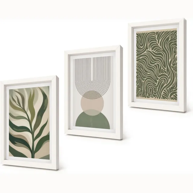 Coloray 3-Delige Schilderij Set - Abstracte bladeren en geometrische vormen - 20x30 - Moderne Wanddecoratie - Woonkamer - Decoratieve Schilderijen Witte lijst