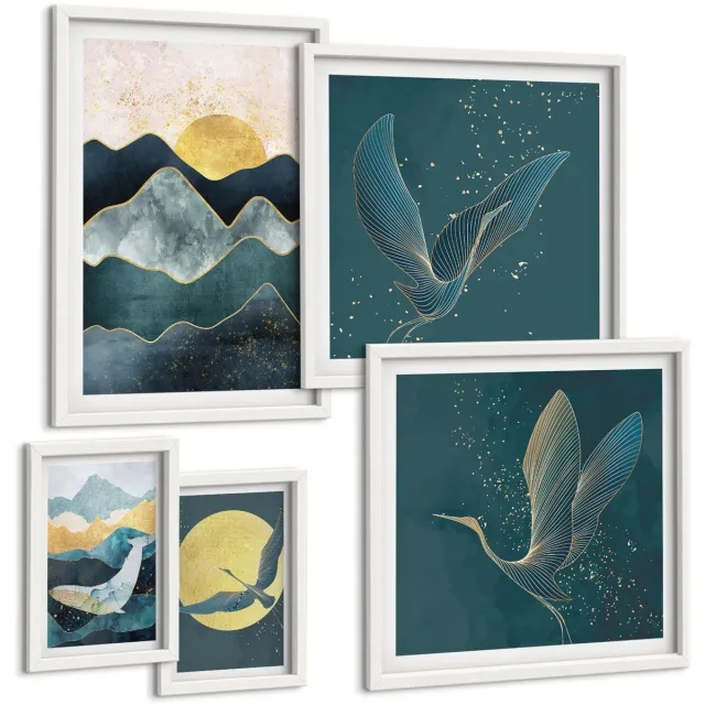 TULUP 4-Delige Schilderij Set - Stijlvolle berglandschappen met vogels en zon. - 50 x 50 cm, 20 x 30 cm en 40 x 60 cm - Moderne Wanddecoratie - Woonkamer Witte lijst