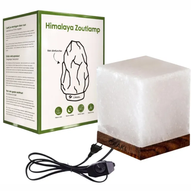 Orakl Luxe Dimbare Himalaya Zoutlamp Cube - 2-4 KG en ca. 18 cm - Nachtlamp - Tafellamp - Cadeauverpakking Wit