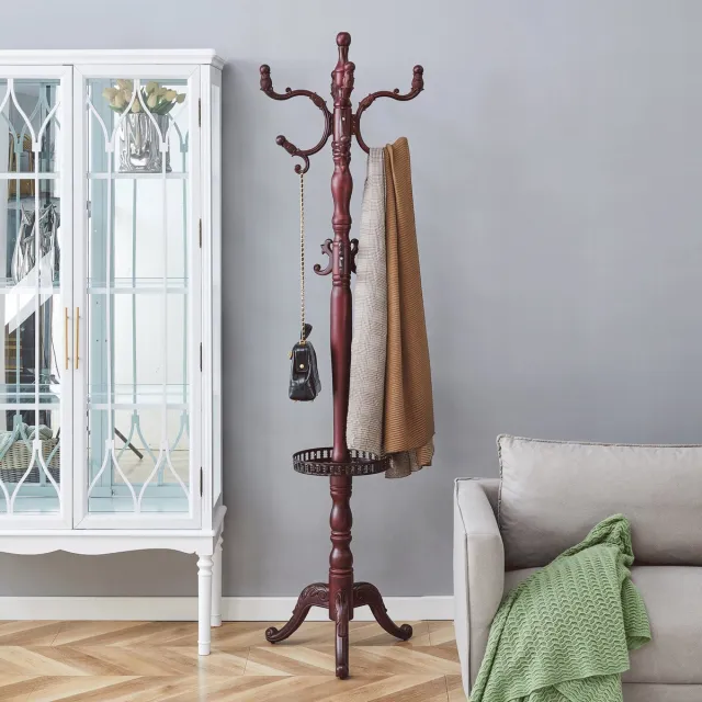 OKWISH Kapstok Staand – Meerstaps Ophangruimte – 195 x 48 x 31 cm – Massief Hout En Metaal – Walnoot – Hal En Slaapkamer Notenhout