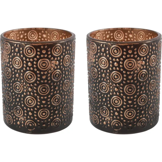 Countryfield Luxe theelichthouder - 2x stuks - Fantasy - glas - zwart/brons - D8 x H10 cm