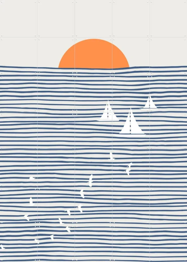 IXXI Three White Sails, Little Dean & Various - 100 x 140 cm - Grote wanddecoratie en posters - Grafisch Ontwerp, Line art, Strepen, Abstract Blauw / Wit / Oranje