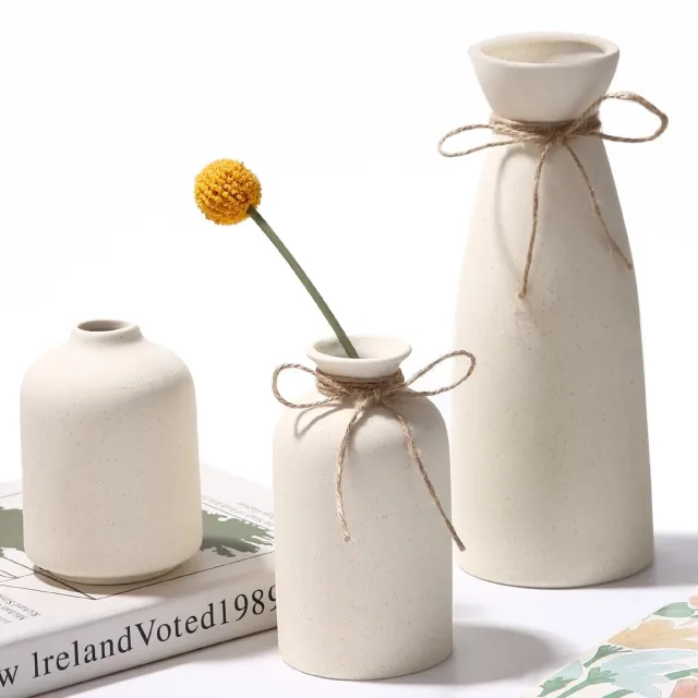 Famanu Set van 3 beige keramische vazen, nordic moderne en minimalistische bloemenvaas voor huisdecoratie, geschikt voor gedroogde en verse bloemen