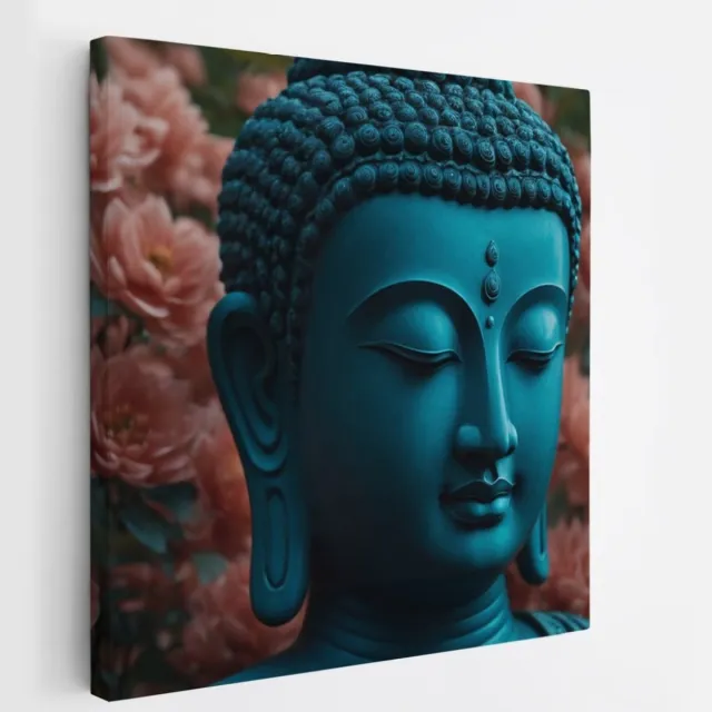 Saammp Canvas Schilderij - Boeddha in bloementuin - 100x100 - Foto op canvas - Wanddecoratie - Muurdecoratie Woonkamer - Canvas schilderijen Multicolor