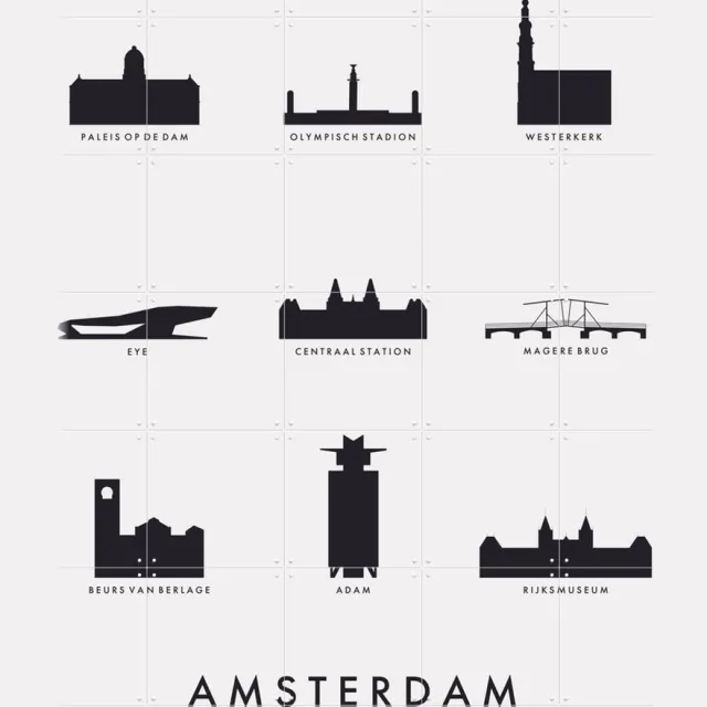 IXXI Amsterdam Architecture, Kunst in Kaart - 100 x 140 cm - Grote wanddecoratie en posters - Line art, Illustraties, Minimalisme, Grafisch Ontwerp Zwart en wit / Zwart / Monochroom / Lichte tinten