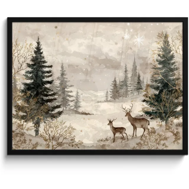 FrameYourWall Poster in lijst - Fotolijst 70x50 cm - Posters - Bos - Herten - Winter - Sneeuw - Posterlijst zwart - Decoratie - Wanddecoratie woonkamer - Muurdecoratie slaapkamer