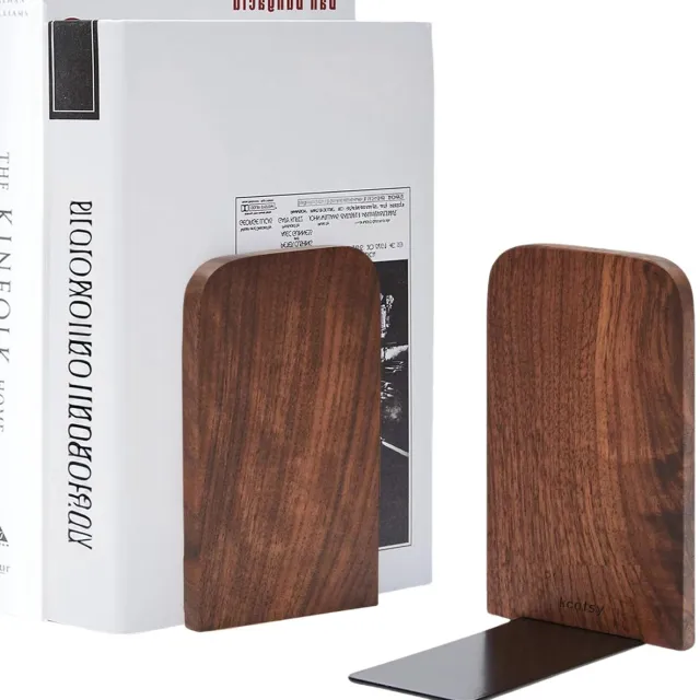 Famanu Boekenstaanders van hout, set van 2 stuks, walnoot, 17 x 12 x 10,5 cm, boekensteun en boekenhouder voor thuis, kantoor en school Naturel