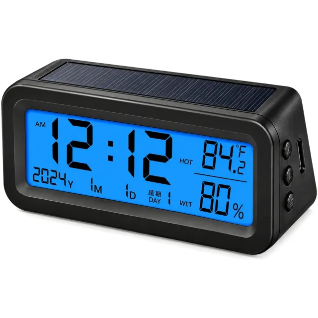 carmdering Digitale Autoklok met Temperatuur & Vochtigheid - Zonne-energie Dashboard Klok voor Auto - LCD Display met Automatische Achtergrondverlichting - Mini Auto Klokje met Datum en Tijdweergave zwart
