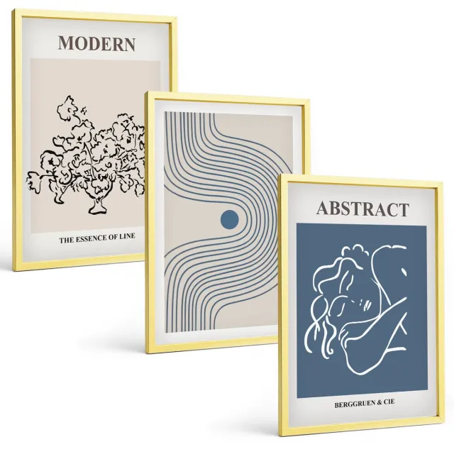 TULUP 4-Delige Schilderij Set - Posters met bloemen, lijnen en abstracte vormen - 40 x 60 cm - Wanddecoratie - Muurdecoratie - Woonkamer - Moderne Wanddecoratie Gouden lijst