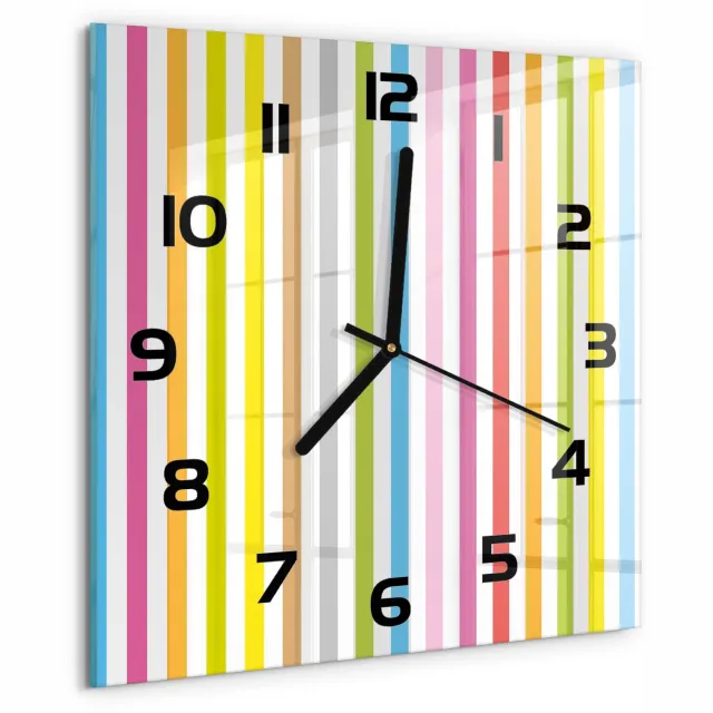 TULUP Wandklok - Kleurrijke strepen Glazen Klok Met Print - 30x30 cm - Veelkleurig Wandklok Glas Met Motief - Zwarte handen - Vierkante Klok - Wandklok Glas Decoratie - Gekleurde Glazen Klok