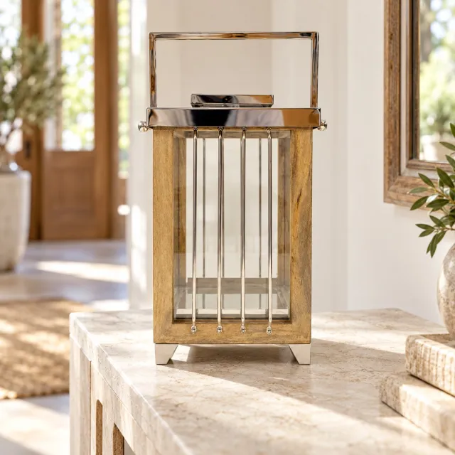 Hoppa! Lantaarn met verticale metalen strips - Naturel/Chroom - 23 x 23 x 49 cm (B x D x H)