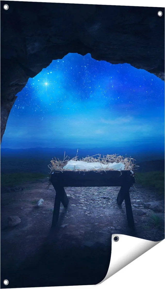 Gards Tuinposter Kribbe in een Grot onder de Ster van Bethlehem - 60x90 cm - Tuindoek - Tuindecoratie - Wanddecoratie buiten - Tuinschilderij Multikleur