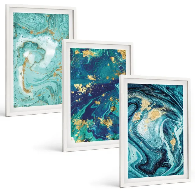 Coloray 3-Delige Schilderij Set - Turquoise Abstractie Van Gemorste Verf - 40 x 60 - Schilderijen Set - Wanddecoratie - Woonkamer - Woonkamer Decoratie Witte lijst