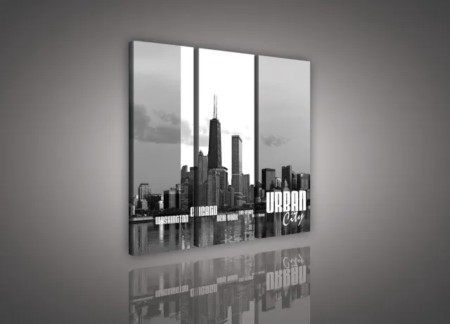 Canvas Schilderij - New York - Chicago - Stad - Steden - Lichten - Skyline - Toren - Blauw - Gebouw - Schilderij Woonkamer - Schilderijen op canvas - Inclusief Frame - 90x80cm (LxB) - 3 Luiks - 3 Delen Chicago - Blauw
