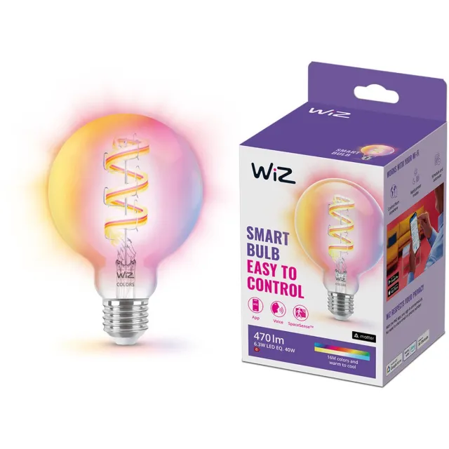 WiZ Filament Lamp Globe - Gekleurd en Wit Licht - Slimme LED Verlichting - E27 fitting - 40W - Transparant - Wi-Fi