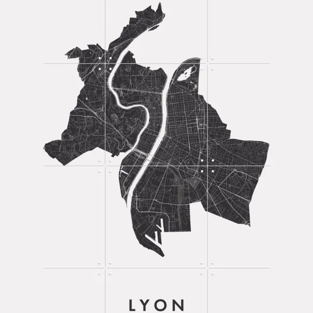 IXXI Lyon City Map, Kunst in Kaart - 60 x 80 cm - Grote wanddecoratie en posters - Minimalisme, Abstract, Digitale Kunst, Geometrische Kunst, Grafisch Monochroom / Zwart / Zwart en wit