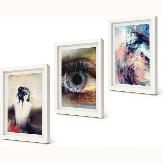 Coloray 3-Delige Schilderij Set - Portret van een vrouwenoog Abstracte kleuren Emoties - 20x30 - Wanddecoratie - Woonkamer Decoratie Witte lijst