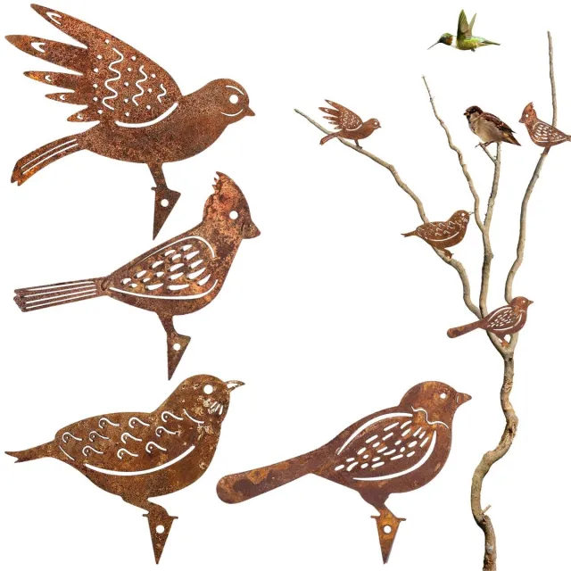 Ibenzoa Vijf Roestige Vogeldecoraties voor een Unieke Tuinstijl - Vintage Metalen Vogels voor Buiten en Patio bruin
