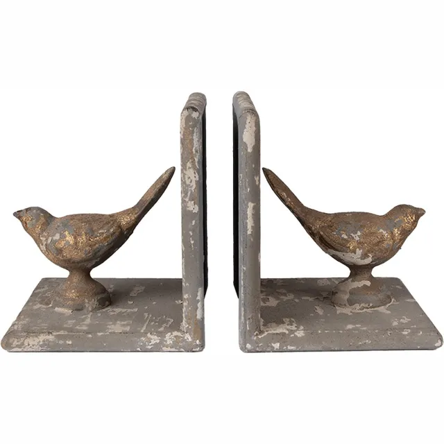 Clayre & Eef Boekensteunen Set van 2 26x15x16 cm Grijs Metaal Vogels