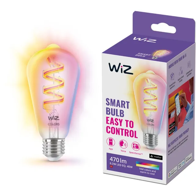 WiZ Filament Lamp Edison - Gekleurd en Wit Licht - Slimme LED Verlichting - E27 fitting - 40W - Transparant - Wi-Fi