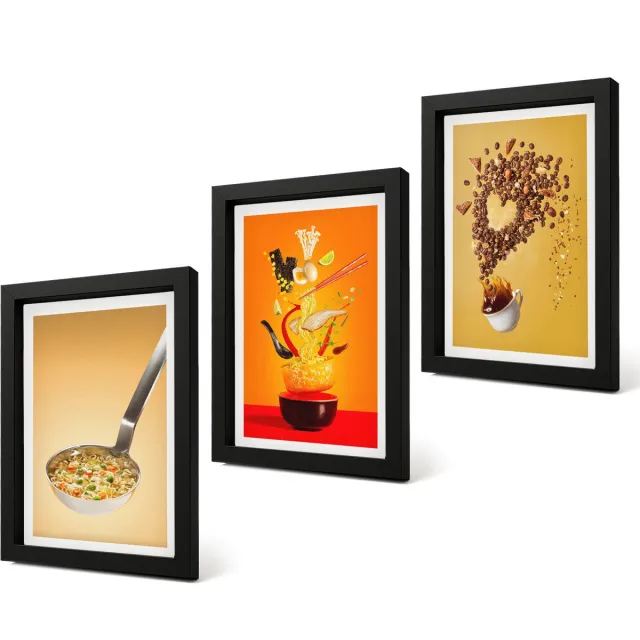 Coloray 4-Delige Schilderij Set - Keuken, eten en drinken thema's - 20 x 30 cm - Wanddecoratie - Muurdecoratie - Moderne Interieurdecoratie Zwarte lijst