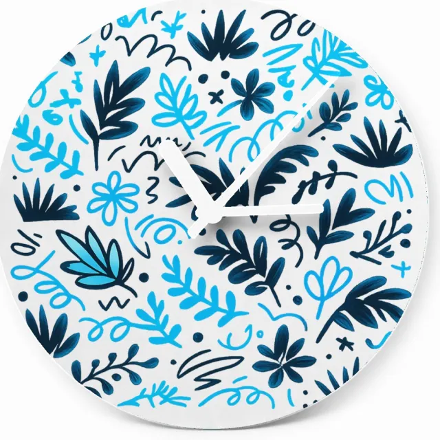 Mr Cadeautjes Glazen klok Ø 20 - design Neonlijn-patroon met botanische vormen op zwart | cadeau Wit