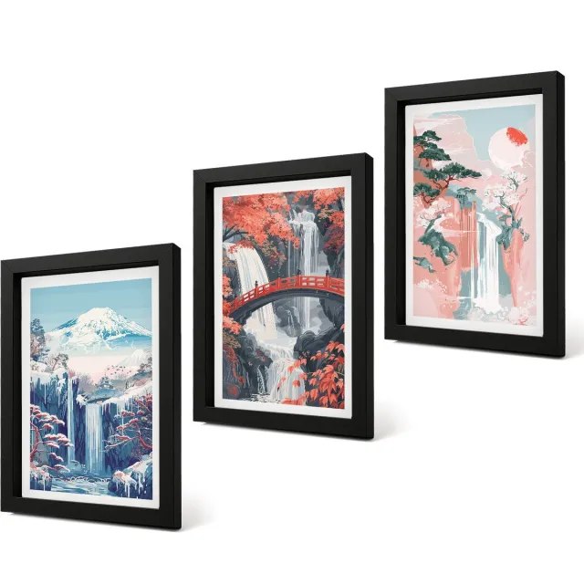 Coloray 4-Delige Schilderij Set - Watervallen, bergen met een brug en bloeiende bomen - 20 x 30 cm - Muurdecoratie - Decoratieve Schilderijen - Wohnzimmer zwarte lijst