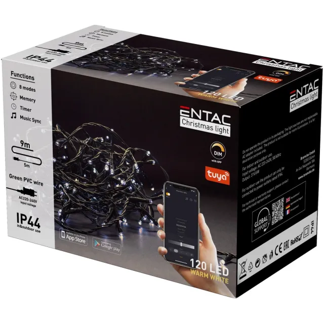 Entac Smart LED Lichtsnoer Kerst 9m - Bestuurbaar met App - Dimbaar - Kerstverlichting voor Buiten en Binnen - Warm Wit Licht