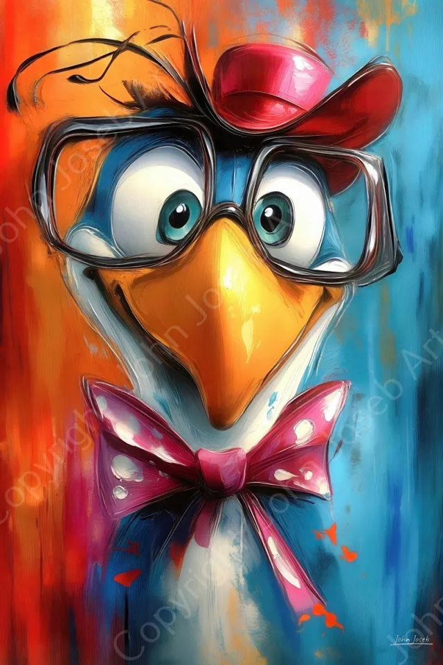 John Joseb Art (Aluminium) 120x80 | Grappige vogel met hoed, strik en bril, humor, abstract, kleurrijk, felle kleuren, dier, kunst, blauw, geel, rood, wit, modern | foto-schilderij op dibond, metaal wanddecoratie Aluminium, dikte 3 mm