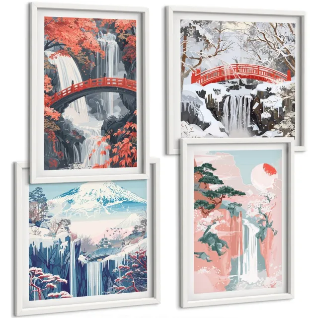 Coloray 4-Delige Schilderij Set - Watervallen In Verschillende Seizoenen Met Bruggen En Bomen. - 40 x 40 En 40 x 60 - Wanddecoratie - Muurdecoratie - Woonkamer - Decoratieve Schilderijen Witte lijst