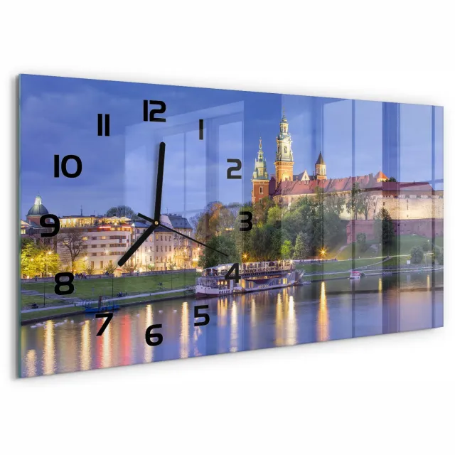 TULUP Wandklok - Krakau, Polen Wandklok Glas Met Motief - 60x30 cm - Blauw Decoratieve Glazen Klok - Zwarte handen - Rechthoekige Klok - Gekleurde Glazen Klok - Glazen Klok Met Print