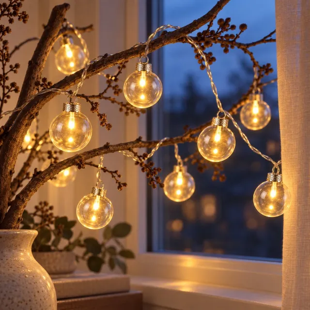 Cheqo LED Lichtsnoer met Glazen Bollen - Lichtslinger - Lichtketting - Sfeerverlichting - Feestverlichting - Kerstverlichting - Transparante Kerstballen - Kerstdecoratie - 10 Lampjes - Warm Wit - op Batterijen - voor Binnen - Tafeldecoratie
