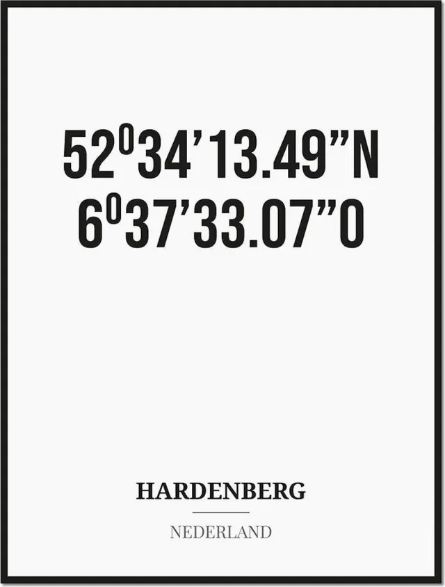 Studio216 Poster/kaart HARDENBERG met coördinaten zwart, wit