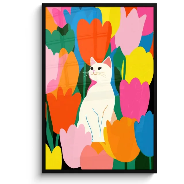 FrameYourWall Poster in lijst - Fotolijst 80x120 cm - Posters - Tulpen - Kat - Kleurrijk - Posterlijst zwart - Decoratie - Wanddecoratie woonkamer - Muurdecoratie slaapkamer