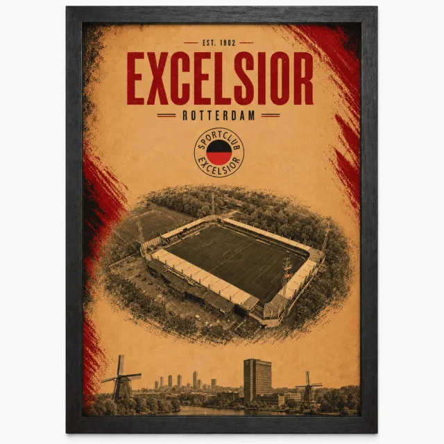Joshimo Excelsior Rotterdam Poster | Voetbalposter met Stadion en Rotterdam Skyline | Inclusief Zwarte A3 Lijst