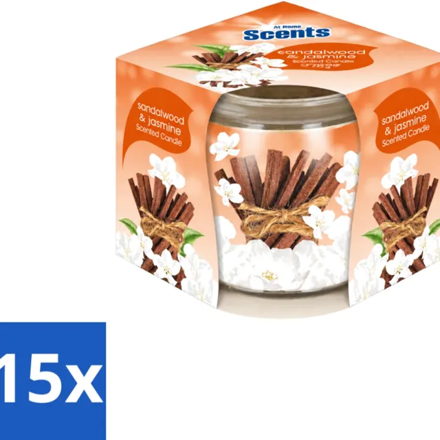 At Home 15 x At Home - Scents - Geurkaars - Sandalwood & Jasmin - 70 g - Voordeelverpakking - 15 stuks Bruin