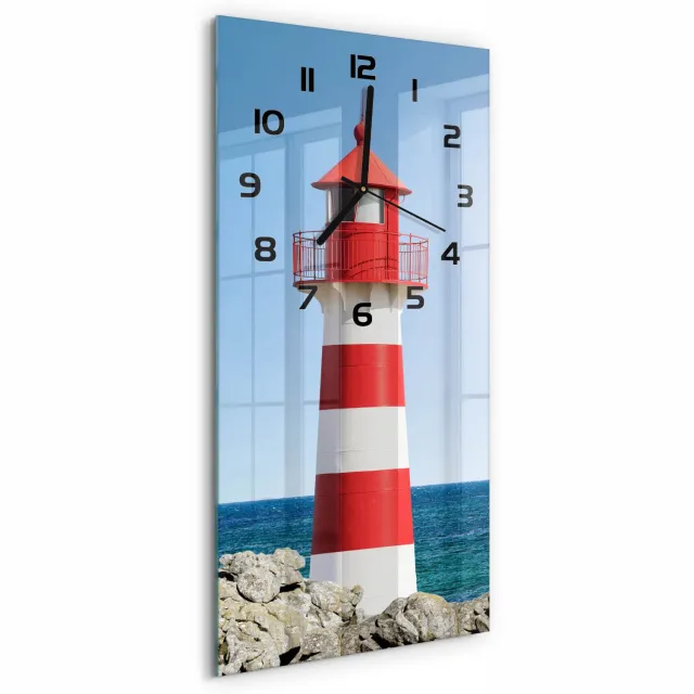 TULUP Wandklok - Vuurtoren Glazen Klok Met Print - 30x60 cm - Rood Wandklok Glas Met Motief - Zwarte handen - Rechthoekige Klok - Wandklok Glas Decoratie - Gekleurde Glazen Klok