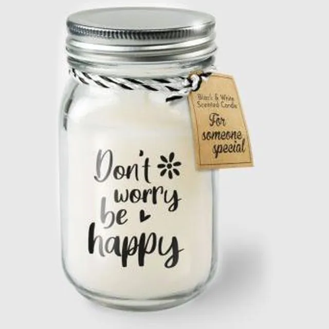Zusenzow.com Kaars - Don't worry be happy - Lichte vanille geur - In glazen pot - In cadeauverpakking met gekleurd lint zwart -wit
