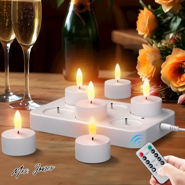 Mrs. Jones LED Tea Light wit 6 stuks met timer oplaadbare kaarsen vlamloze kaarsen flikkeren kaarslicht nachtlampje elektrische theelichtjes jeugdwijding windlicht tafellicht .