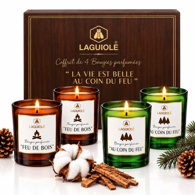 Laguiole Geurkaarsen - Kaarsen - Luxe Kaars- Geschenkset - 4 x30g Giftset - Houtvuur en Open Haard Houtvuur & Open Haard