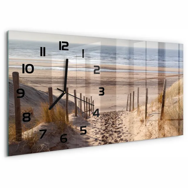 TULUP Wandklok - Kustduinen Moderne Wandklok Glas - 60x30 cm - Beige Wandklok Glas Decoratie - Zwarte handen - Rechthoekige Klok - Glazen Wandklok Design - Klok Glas Met Opdruk