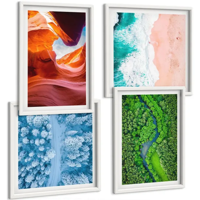 TULUP 4-Delige Schilderij Set - Water in beweging, kloof en bos, groene winternatuur - 40x40 en 40x60 - Wanddecoratie - Schilderijen Set - Interieur - Decoratieve Schilderijen Witte lijst