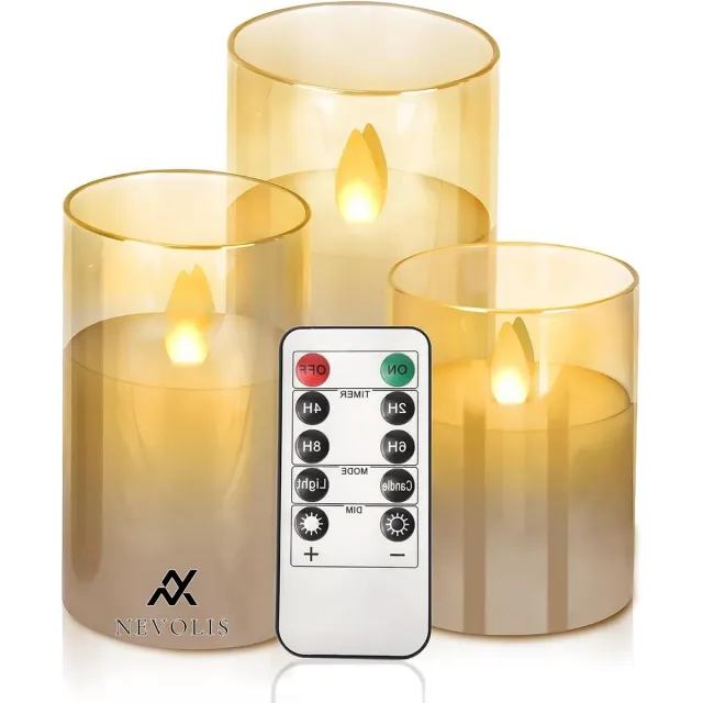 Nevolis LED Candles glass Flickering Flame with Remote Timer Gold warm white Battery Working weddings parties Christmas home decoration . multi-color
