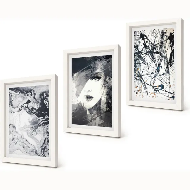Coloray 3-Delige Schilderij Set - Abstracte patronen in zwart-wit tinten - 20x30 - Wanddecoratie - Muurdecoratie - Woonkamer - Interieur Decoratie Witte lijst