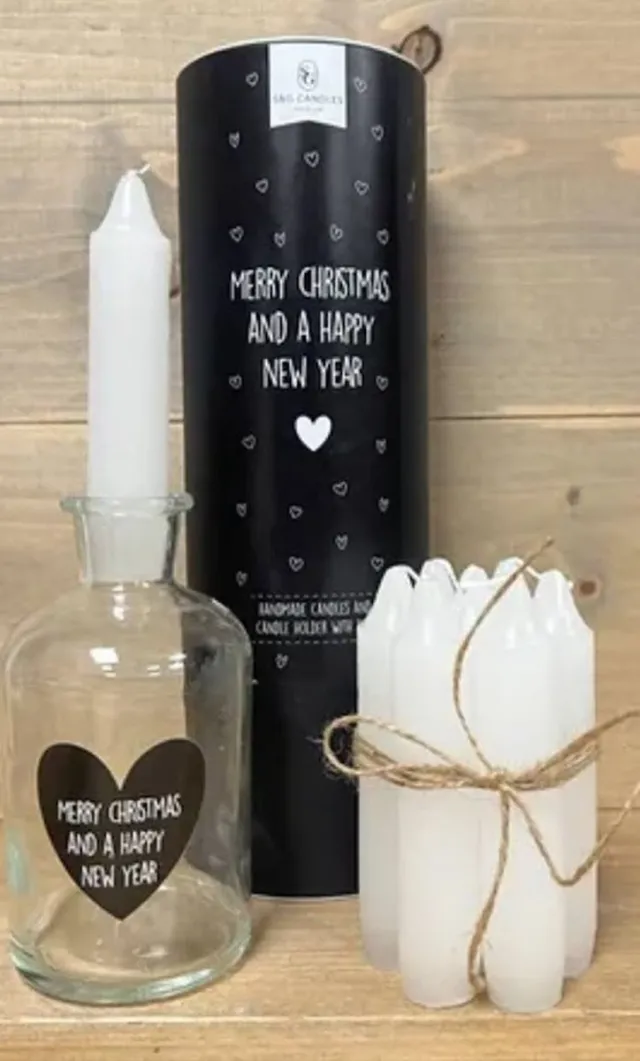 Soap & Gifts Zwarte koker met 7 kaarsen en fles/kaarsenhouder met tekst Merry christmas and a happy new year - Soap en gifts Zwart-wit