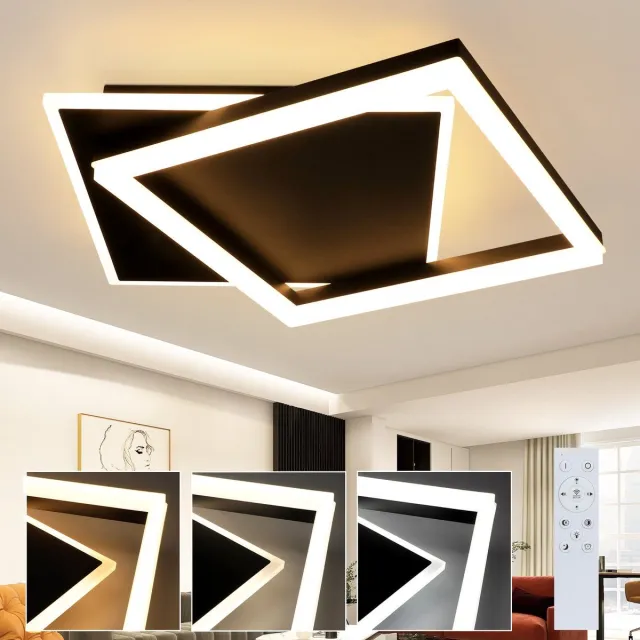 NETTLIFE Plafondlamp LED - zwart - vierkant - 2-Lichts - 3000 -6000K Dimbaar - Metaal - 42W - Moderne Keukenverlichting - met Afstandsbediening - voor Woonkamer | Slaapkamer | Eetkamer