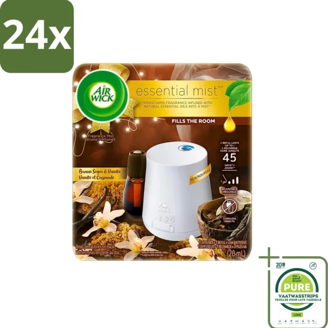 Air Wick Essential Mist - Elektrische Geurverspreider - Starterkit - Vanille & Bruine Suiker - 20ml - Voordeelverpakking - 24 stuks - Elektrische geurverspreider - Geurverspreider Wit