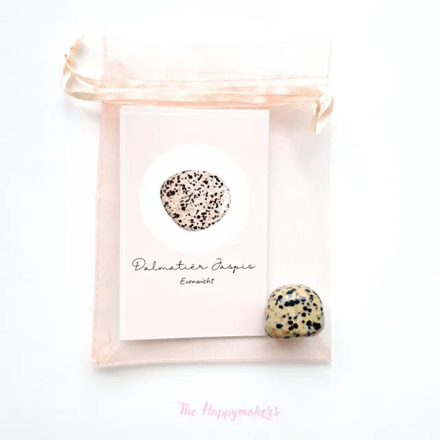 The Happymakers Edelsteen in zakje ''dalmatiër jaspis'' trommelsteen, knuffelsteen, natuursteen, giftset, evenwicht