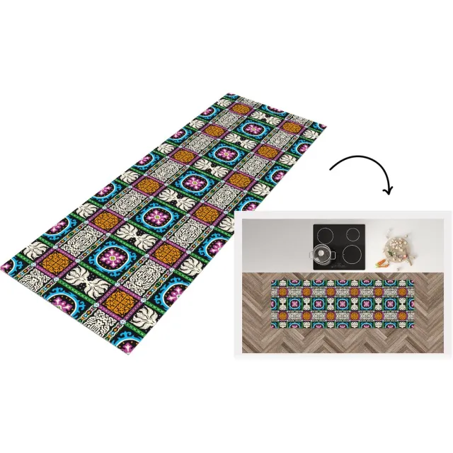 KitchenYeah Keukenloper - Loper keuken - Patronen - Ornament - Abstract - Blauw - Roze - 150x50 cm - Keukenloper vinyl Multicolor